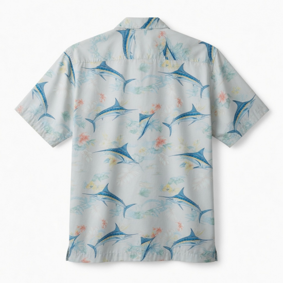 Men's Button Hawaiian Marlin Print Short Sleeve Shirt