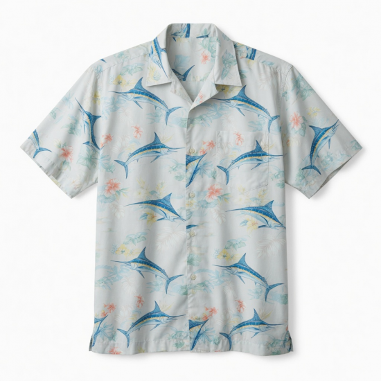 Men's Button Hawaiian Marlin Print Short Sleeve Shirt