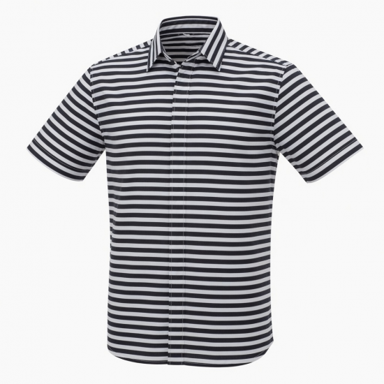 Men's Black White Striped Collared Short Sleeve Shirt