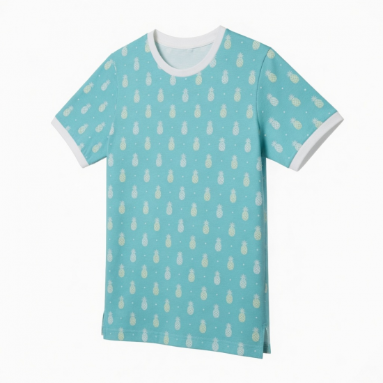 Men's Crew Neck Short Sleeve Shirt Aqua Blue/White Pineapple
