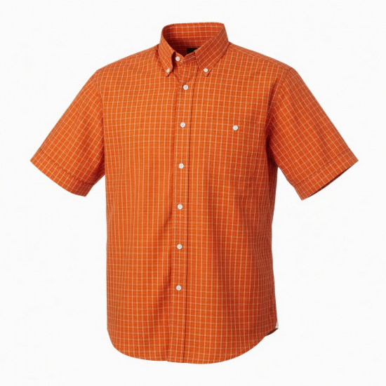 Men's Orange Plaid Button Down Short Sleeve Shirt Cotton