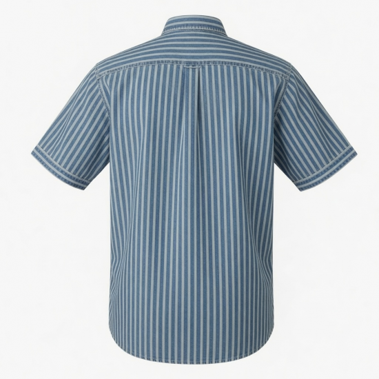 Men's Blue Salt Wash Stripe Cotton Short Sleeve Shirt
