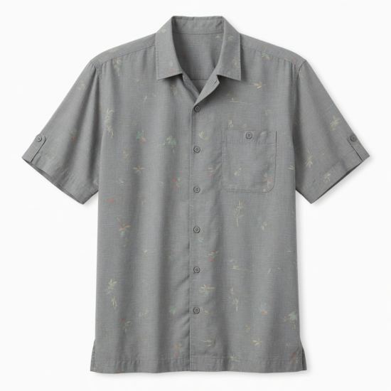 Men's Short Sleeve Shirt Gray Hawaiian Bamboo Button Down