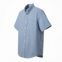 Men's Blue Check Button Front Short Sleeve Shirt Cotton