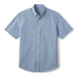 Men's Blue Check Button Front Short Sleeve Shirt Cotton