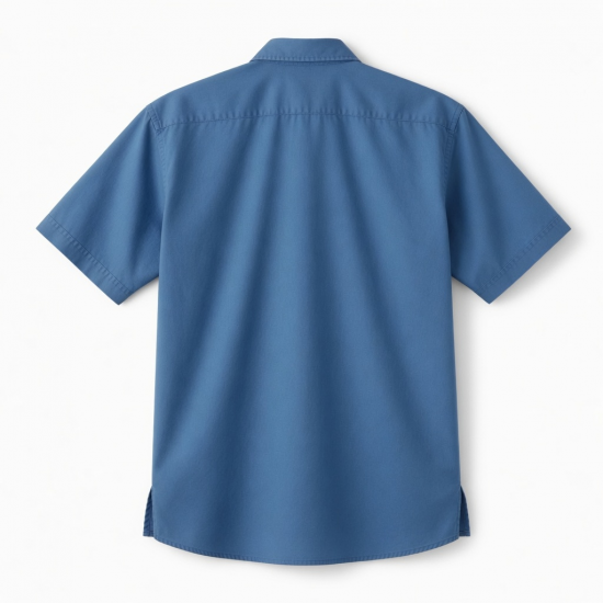 Men's Button Short Sleeve Shirt Blue Pockets Cotton