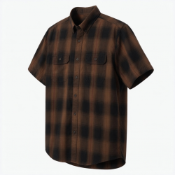 Men's Brown Black Plaid Hunting Short Sleeve Shirt Button Down
