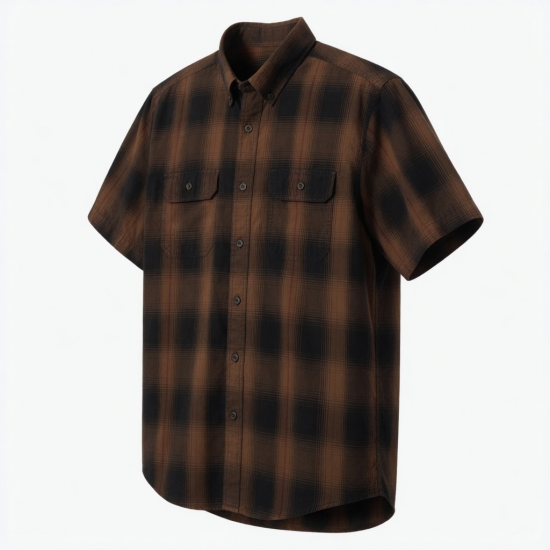 Men's Brown Black Plaid Hunting Short Sleeve Shirt Button Down