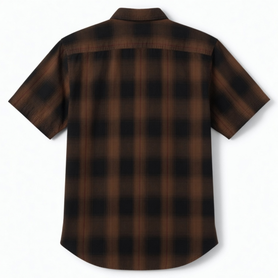 Men's Brown Black Plaid Hunting Short Sleeve Shirt Button Down