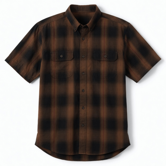 Men's Brown Black Plaid Hunting Short Sleeve Shirt Button Down