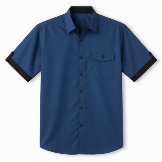 Men's Button Blue Black Short Sleeve Shirt
