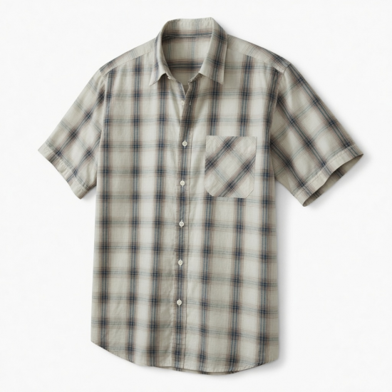 Men's Plaid Short Sleeve Shirt Cotton/Polyester Ecru