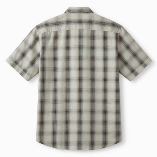 Men's Plaid Short Sleeve Shirt Cotton/Polyester Ecru