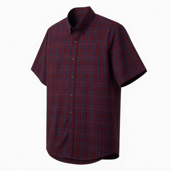 Men's Plaid Short Sleeve Shirt Cotton/Polyester Dark Red/Blue