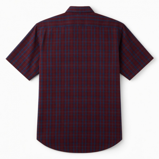 Men's Plaid Short Sleeve Shirt Cotton/Polyester Dark Red/Blue